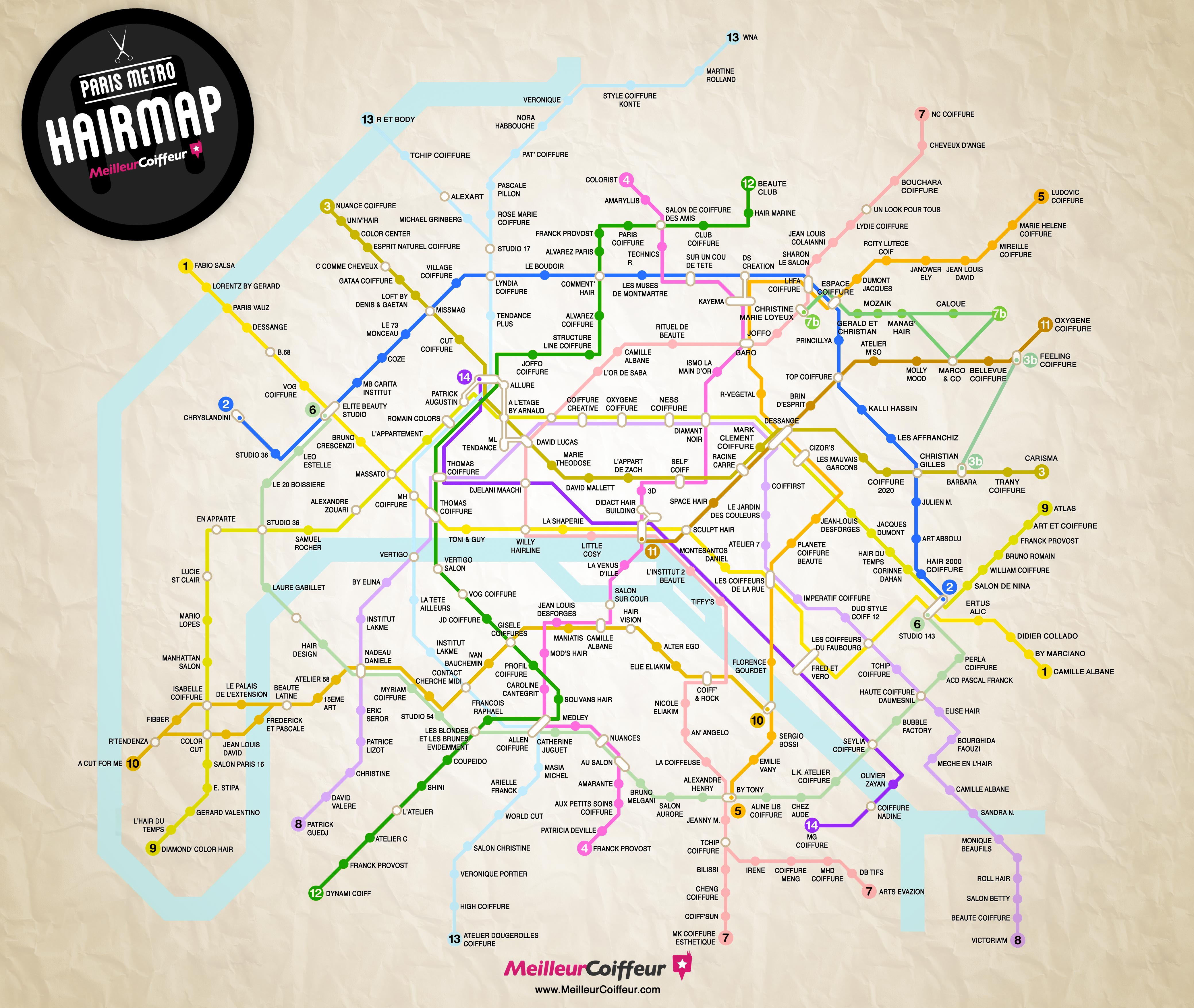 Carte de métro des meilleurs salons de coiffure de Paris